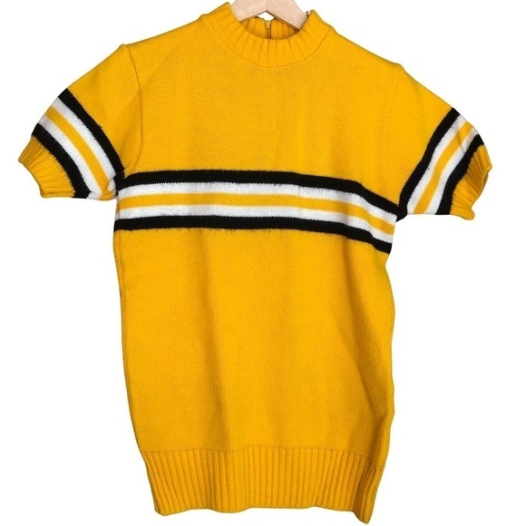 Vintage Albion Knit Striped Collegiate Yellow Short Sleeve Sweater Sz Med - Picture 1 of 10